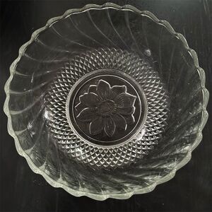 Vintage KIG Indonesia Clear Glass Bowl Floral Swirl Design 9" Round